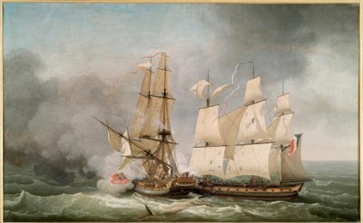 Slagsmål mellan den franska korvetten La Bayonnaise (..) av Jean Francois Hue
