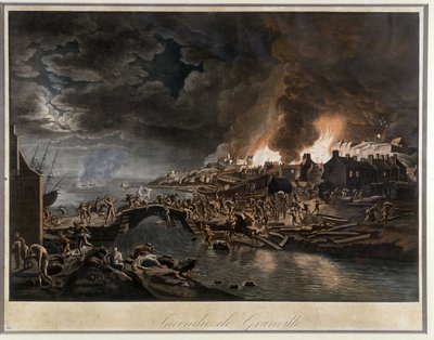 Granville i lågor belägrad av vendéanerna, baserad på målning av J. François Hue, ca. 1800. av Jean Francois Hue
