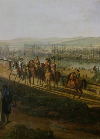 Napoleon Bonaparte (1769-1821) Besöker lägret i Boulogne i juli 1804, detalj av Napoleon och flottiljen, 1806 av Jean Francois Hue