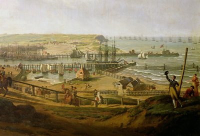 Napoleon besöker lägret i Boulogne i juli 1804, detalj av hamnen, 1806 av Jean Francois Hue