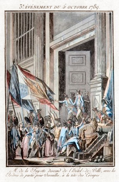 Franska revolutionen - La Fayette lämnar Paris stadshus för att åka till Versailles den 5 oktober av Jean Francois Janinet