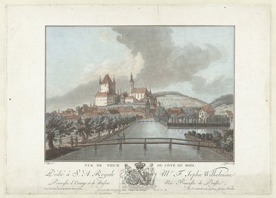 Gezicht op Thun Utsikt över Thun från södra sidan (titel på objekt) Anmärkningsvärd utsikt över bergen i Schweiz (serietitel) av Jean Francois Janinet