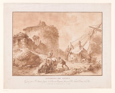 Landskap med ruiner och ett skepp nära Genua Environs de Genes (titel på objekt) av Jean Francois Janinet