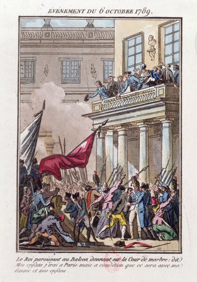 Ludvig XVI uppträdde på balkongen i Versailles den 6 oktober 1789 för att berätta för den parisiska pöbeln att han kommer att åka till Paris på villkor att hans fru och familj reser med honom av Jean Francois Janinet