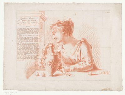 Titeltryck med kvinna och kanna Kompositioner med delar av människokroppen (serietitel) Huitième Cahier, Principes de Design (serietitel på objekt) av Jean Francois Janinet