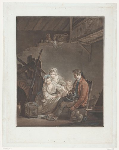 Två kvinnor och ett barn med en man som gömmer en fågel L