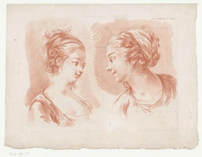 Två kvinnors huvuden 6. Feuille du 8.e Cahier. (titel på objekt) Kompositioner med delar av människokroppen (serietitel) Huitième Cahier de Principes de Design (serietitel) av Jean Francois Janinet