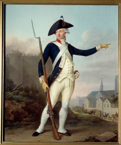 Franska revolutionen: "" Hellängdsporträtt av medborgaren Nau Deville i nationalgardets uniform (i bakgrunden rivning av Bastiljen) av Jean Francois Marie Bellier
