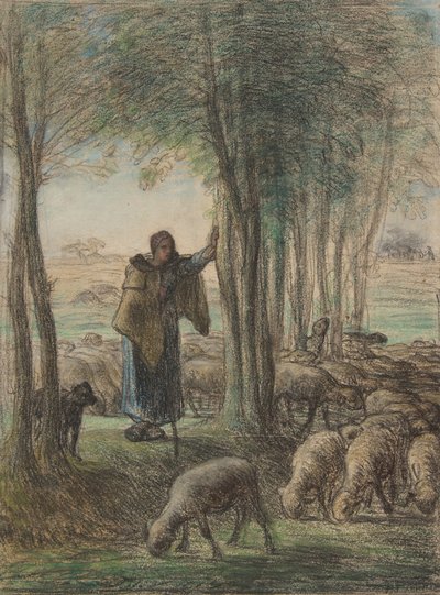 En herdinna och hennes flock i skuggan av träd, 1854-55 (conté krita och pastell på lagt papper) av Jean Francois Millet
