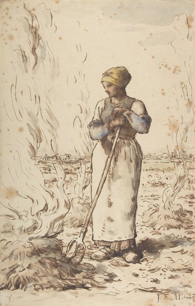 En kvinna som bränner ogräs, 1830-75 av Jean Francois Millet