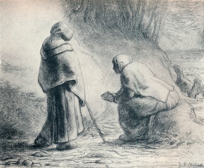 Bergeres Se Chauffant, Herdar vid en eld, 1800-talet av Jean Francois Millet