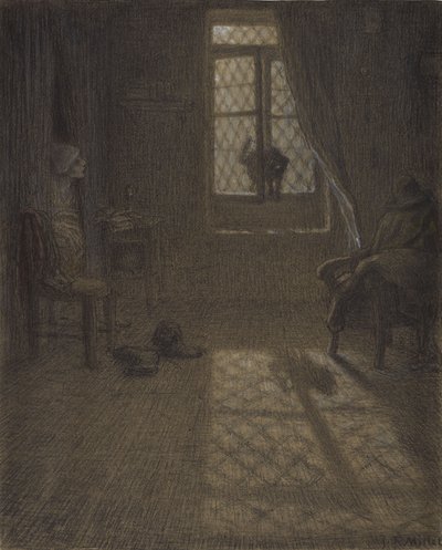 Le chat eller The Cat at the Window, 1857-58 (conté krita och pastell med stumpning och blandning, fixerad på vävt papper) av Jean Francois Millet