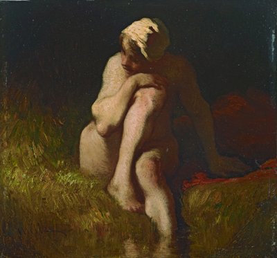 Naken bondflicka som sitter på stranden av en bäck av Jean Francois Millet