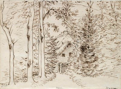 Vägen genom skogen till ett hus med halmtak, 1866 av Jean Francois Millet