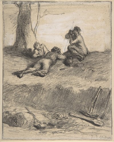 Vägarbetare vid lunch, ca 1850-52 (conte krita med gouache, på lagt papper) av Jean Francois Millet
