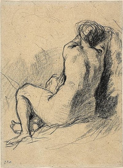Studie: Naken kvinna sedd bakifrån (recto) Skisser av arbetande bönder (verso) av Jean Francois Millet