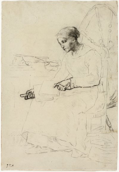The Wool Carder (recto); Fragmentär skiss av mannen som står vid staket (verso) av Jean Francois Millet