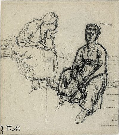 Två studier av en sittande bondekvinna (recto); Studie av en ung flicka som bär en hatt (verso) av Jean Francois Millet