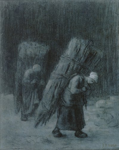 Kvinnor som bär kvistar, ca 1858 (kol förhöjt med vit gouache, träkolskant, på tungt lagt gråblått papper) av Jean Francois Millet