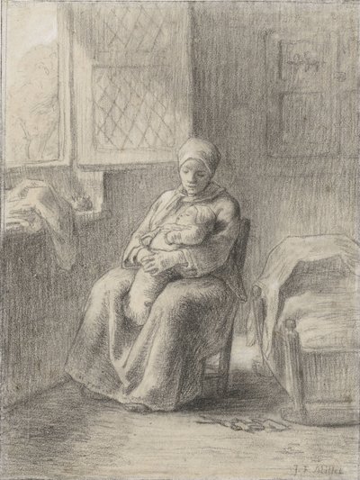 Sittande kvinna med baby vid ett öppet fönster av Jean Francois Millet