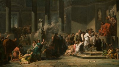 Atenska flickor drar lott för att avgöra vilka sju av dem som ska skickas till Kreta för att offras till Minotauren (olja på duk) av Jean François Pierre Peyron