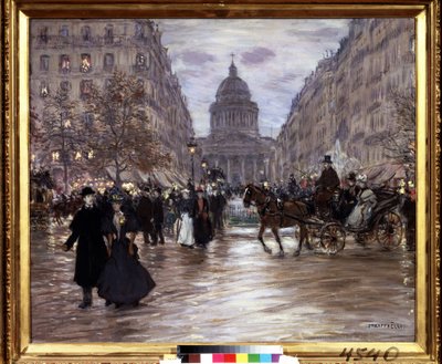 ""Boulevard Saint Michel"" Utsikt över rue Soufflot och Pantheon från Luxembourgträdgården och boulevard Saint-Michel i Paris, taxibilar och eleganta par livar upp gatan när natten faller. Målning av Jean Francois Raffaelli (18 av Jean Francois Raffaelli