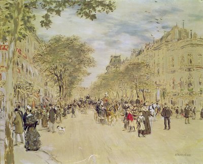 Pavillon de Hanovre och Boulevard des Italiens, Paris, efter 1870 (gouache och wc på papper) av Jean Francois Raffaelli