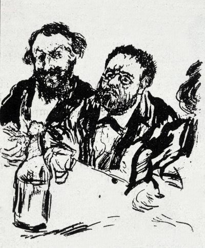 Målaren Edouard Manet (1832-1883) och författaren Emile Zola (1840-1902) vid bordet Karikatyr av Jean Francois Raffaelli (1850-1924) av Jean Francois Raffaelli