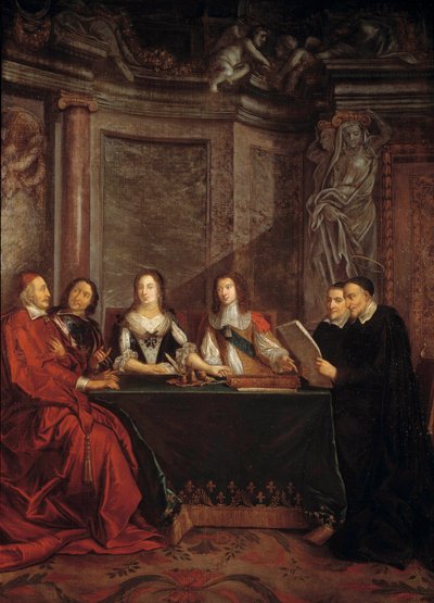 Samvetsrådet: Saint Vincent de Paul, chef för samvetsrådet som läser inför kardinal Jules Mazarin (Giulio Raimondo Mazzarino eller Mazarino) (1602-1661), Pierre Seguier (1588-1672), drottning Anne av Österrike (1601-1666) ) och Ludvig XIV (1638 av Jean François de Troy