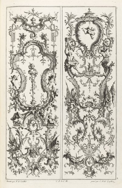 Två paneler med grotesk design av Jean François Cuvilliés