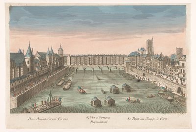 Utsikt över den bebyggda Pont au Change över floden Seine i Paris 84:e. Vue d