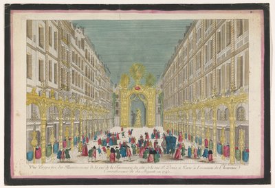 Utsikt över utsmyckningen av Rue de la Feronnerie i Paris med anledning av restaureringen av Ludvig XV, kung av Frankrike, 1745 Vue perspective des illuminations de la Ruë de la Feronnerie du côté de la Ruë St. Denis a Paris (...) (titel på o av Jean François Daumont
