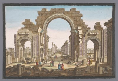 Utsikt över ruinerna av pelargångsbågen vid Palmyra, sett från öster 11:e. Vue d