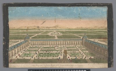 Utsikt över trädgården och Palacio del Buen Retiro i Madrid Vüe ​​​​perspective du Palais Royal et des Jardins du Buen Retiro, en Espagne (titel på objekt) av Jean François Daumont