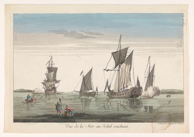 Havslandskap med fartyg och båtar vid solnedgången Vue de la mer au soleil couchant (titel på objekt) av Jean François Daumont