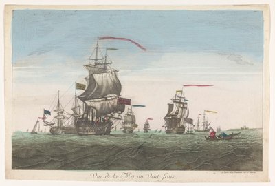 Havsutsikt med fartyg och båtar i vinden Vue de la mer au vent frais (titel på objekt) av Jean François Daumont