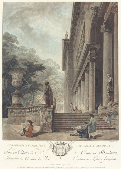 Kolonnaden och trädgårdarna i Medicipalatset av Jean François Janinet after Hubert Robert