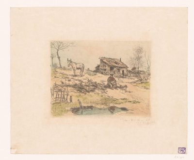 Landskap med man och åsna vid kojan La cabane du chiffonnier av Jean François Raffaëlli (signed by artist)