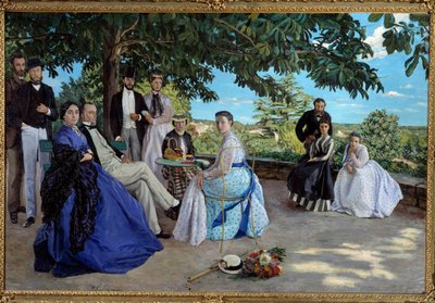 Familjemöte: porträtt av en fransk borgarfamilj samlad i en trädgård. Från vänster till höger: Jean Frederic Bazille, hans farbror Monsieur des Hours, hans mor och far, hans kusin Pauline och hennes man Monsieur Teulon, hans faster Madame des Hours och av Jean Frederic Bazille