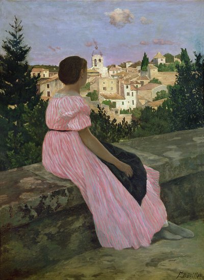 Den rosa klänningen, eller utsikt över Castelnau-le-Lez, Herault, 1864 av Jean Frederic Bazille