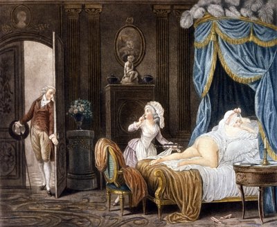 A. Schall. Den inofficiella hembiträdet. 1700-talsgravyr. av Jean Frederic Schall