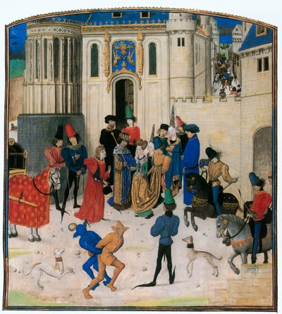 Utanför Porte St. Denis hälsar kung Karl VI av Frankrike på sin drottning Isabeau av Bayern ... av Jean Froissart