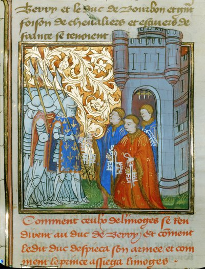 Tre magistrater i Limoges, iklädda högtidsdräkter, överlämnar stadens nycklar till hertigen av Berry... av Jean Froissart