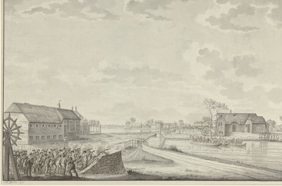 Preussarnas attack under överste Van Brush på Duivendrecht-bron, 1 oktober 1787 av Jean George Teissier (signed by artist)