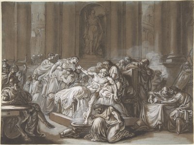 The Death of Seneca (penna & svart bläck, pensel och brun tvätt, förhöjd med vit gouache på blått papper) av Jean Guillaume Moitte