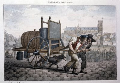 Tidigare gatumetier i Paris: bad hemma (två män drar en vagn med en tunna fylld med vatten). Gravyr av Jean Henry Marlet (1771-1847) i "" Les Tableaux de Paris", serie med 72 tryck, sent 1800-tal. av Jean Henri Marlet