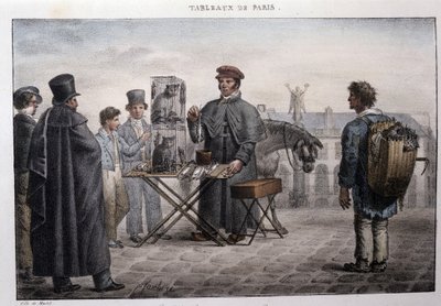Tidigare gatumetier i Paris: råttdödshandlaren (camelot). Gravyr av Jean Henri Market (1771-1847) i "" Les Tableaux de Paris", serie med 72 tryck, sent 1800-tal. av Jean Henri Marlet
