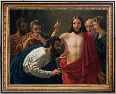 Sockenkyrka (Nederbrakel, Sockenkyrkan Sint-Pieter-in-de-Banden). Interiör. Målning. Aposteln Thomas. Jean-Henri DeCoene. av Jean Henri de Coene
