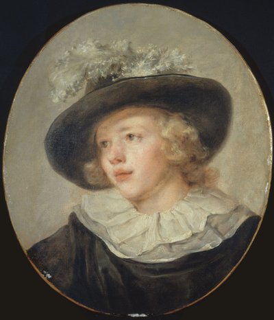 Tillskriven Fragonard - Porträtt av en ung pojke med fjäderprydd hatt, Omkring 1785 av Jean Honore Fragonard