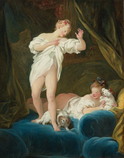 Två flickor på en säng leker med sina hundar av Jean Honore Fragonard